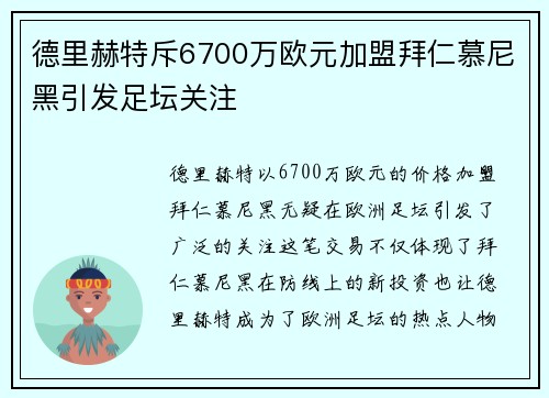 德里赫特斥6700万欧元加盟拜仁慕尼黑引发足坛关注 德里赫特斥6700万欧元加盟拜仁慕尼黑引发足坛关注